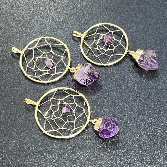 Dreamcatcher Pendant (Amethyst Crystal)(Gold Plated) Gemstone Jewelry Necklace Supply Craft Supplies & Tools > Beads