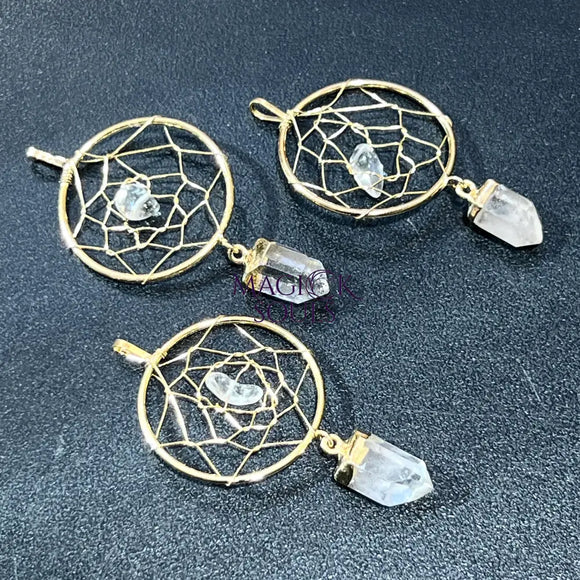 Dreamcatcher Pendant (Quartz Crystal Point)(Gold Plated) Gemstone Jewelry Necklace Supply Jewelry > Necklaces > Crystal