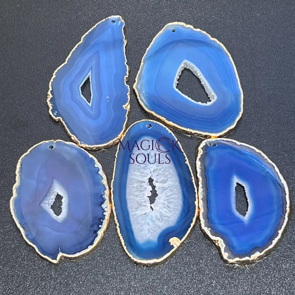Drilled Hole Blue Agate Slices (2mm Hole)(Gold Plated Edges) Gemstone Decor Craft Supplies Craft Supplies & Tools > Raw