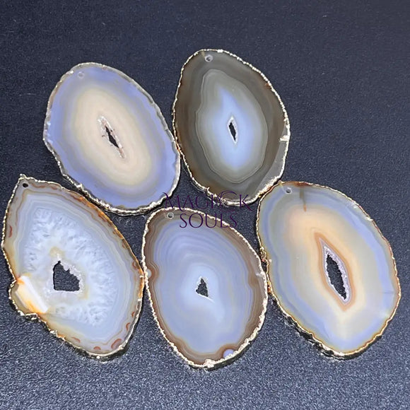Drilled Hole Natural Gray Brown Agate Slice (2mm Hole)(Gold Plated Edges) Wholesale Craft Supplies & Tools > Raw