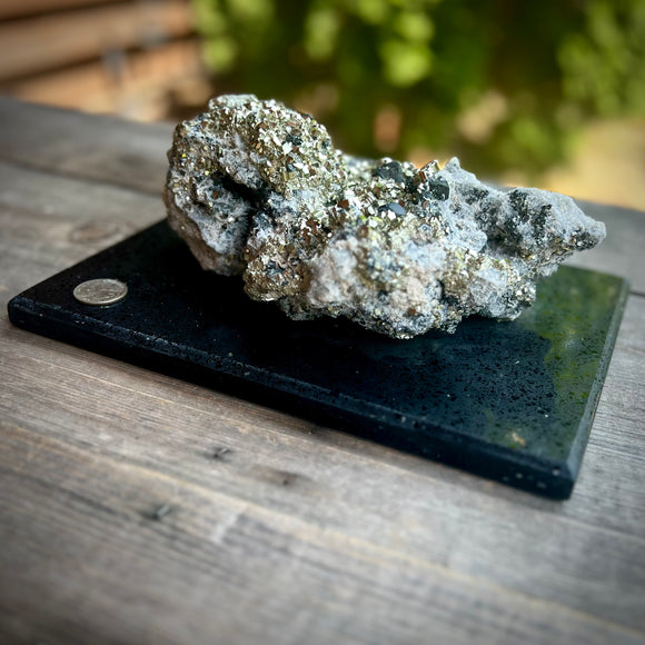 Large Grade AAA Peruvian Pyrite with Galena in Quartz Mineral Specimen Mounted on Display