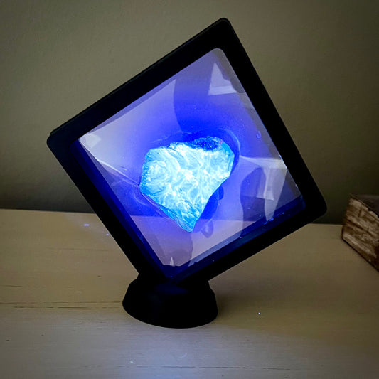 Blue UV Reactive Sumatran Amber in display - Magick Souls