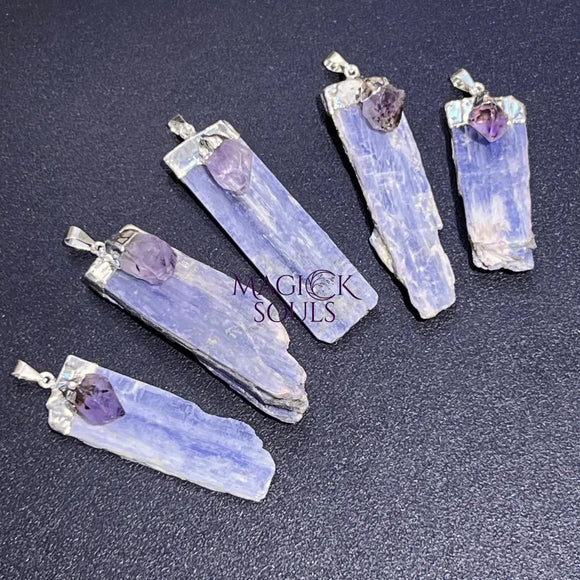 Kyanite Amethyst Crystal Point Pendant (Silver Plated) Gemstone Jewelry Necklace Supply Craft Supplies & Tools > Beads