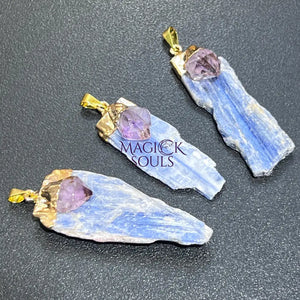 Kyanite And Amethyst Crystal Point Pendant (Gold Plated) Necklace Charm Jewelry Jewelry > Necklaces > Crystal Necklaces