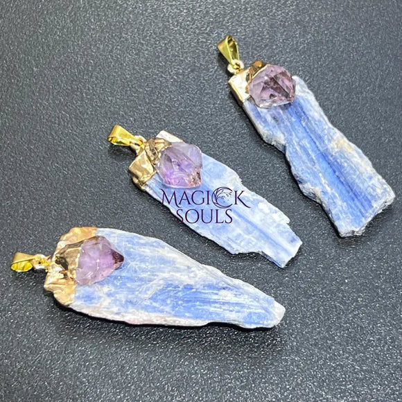 Kyanite And Amethyst Crystal Point Pendant (Gold Plated) Necklace Charm Jewelry Jewelry > Necklaces > Crystal Necklaces
