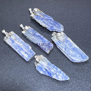 Kyanite and Quartz Crystal Pendant (Silver Plated) Blue Gemstone Jewelry Necklace Supply Craft Supplies & Tools > Beads