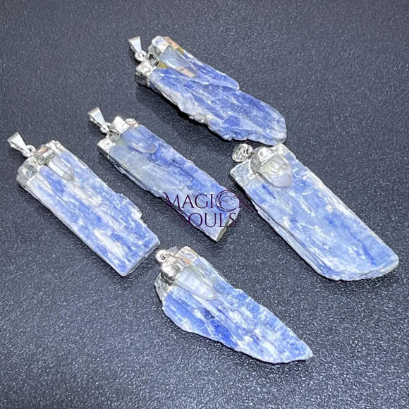 Kyanite and Quartz Crystal Pendant (Silver Plated) Blue Gemstone Jewelry Necklace Supply Craft Supplies & Tools > Beads