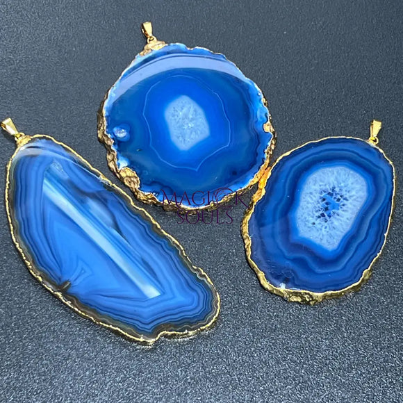 Large Blue Agate Slice Pendant (Gold Plated Edges) Wholesale Craft Supplies & Tools > Beads Gems & Cabochons > Charms &