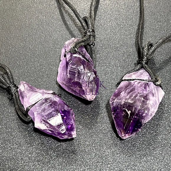 Large Dark Amethyst Crystal Raw Point Necklace (24 Inch Black Cord) Gemstone Jewelry Pendant Jewelry > Necklaces >