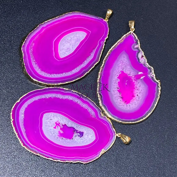 Large Pink Agate Slice Crystal Pendant (Gold Plated) Wholesale Craft Supplies & Tools > Beads Gems & Cabochons > Charms