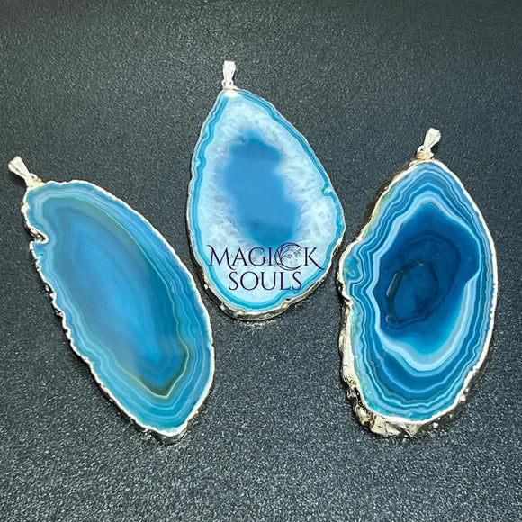 Large Teal Agate Slice Pendant (Silver Plated Edges) Wholesale Craft Supplies & Tools > Beads Gems & Cabochons > Charms