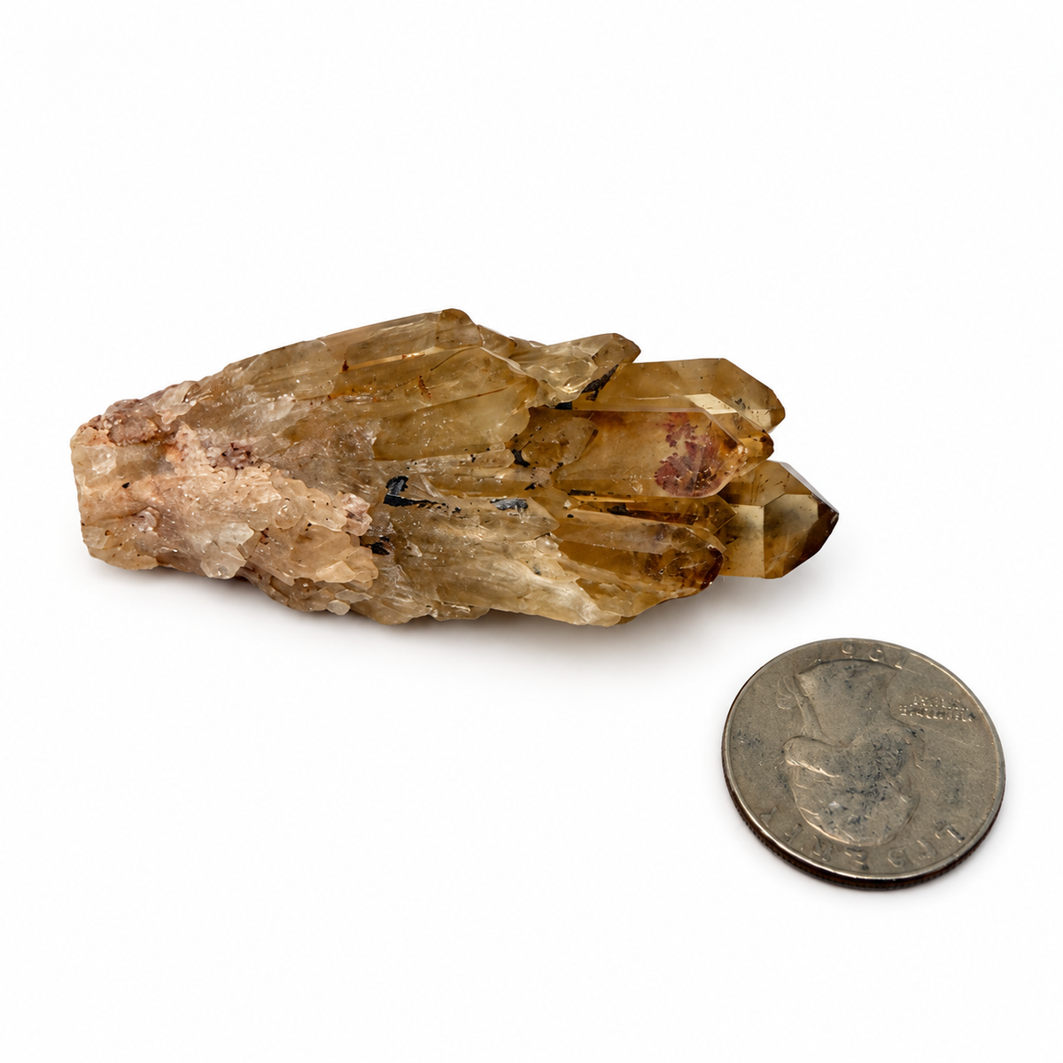 Natural citrine cluster size view with quarter for scale - Magick Souls