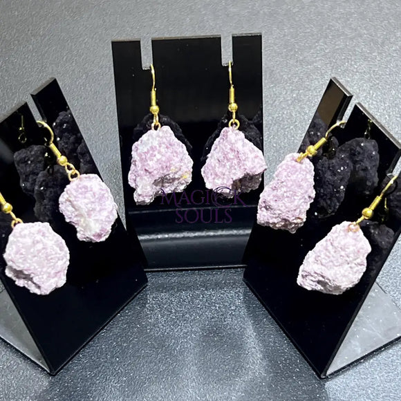 Lilac Lepidolite Raw Crystal Earrings Pair (Gold Stainless Steel Hooks) Jewelry > Earrings > Dangle & Drop Earrings