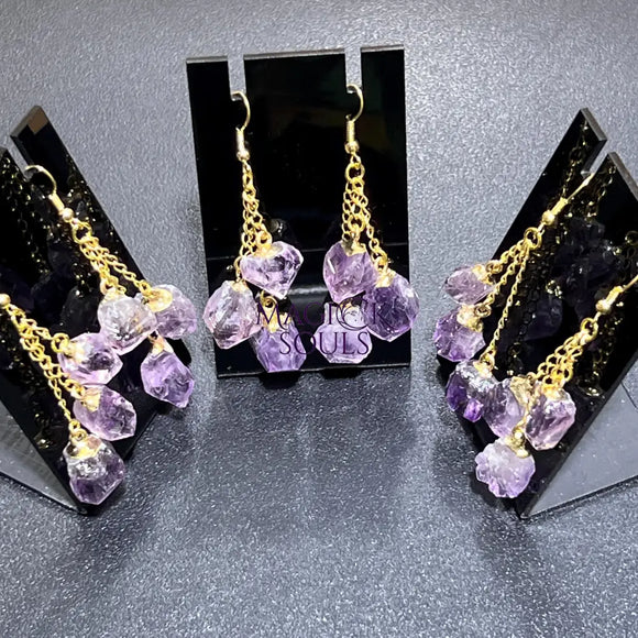 Long Dangle Amethyst Triple Crystal Point Earrings Pair (Gold Plated) Wholesale Jewelry > Earrings > Dangle & Drop