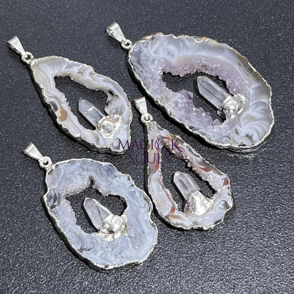 Oco Geode Druzy with Quartz Crystal Point Pendant (Silver Plated) Wholesale Craft Supplies & Tools > Beads Gems &