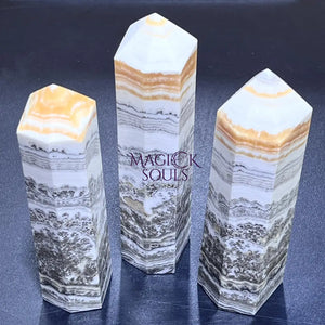 Orange White Banded Calcite Extra Large Standing Crystal Point Tower Obelisk (6 8 Inches) Gemstone Decor Carving Home &