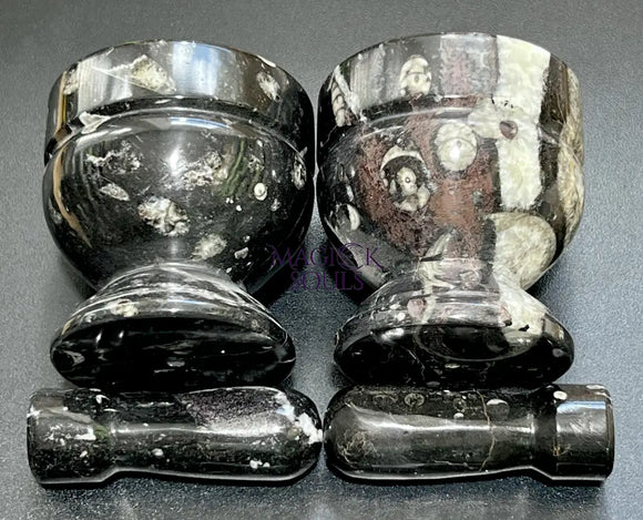 Orthoceras Mortar and Pestle Set (Mortar + Pestle) Polished Black Fossil Stone Carving Grinder Mixer Home & Living >