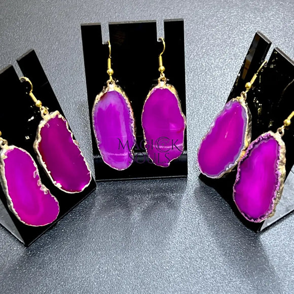 Pink Agate Slice Earrings Pair (Gold Plated Edges) Wholesale Gemstone Jewelry Jewelry > Earrings > Dangle & Drop