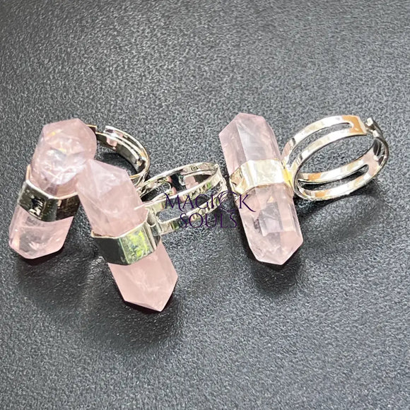 Pink Rose Quartz Crystal Point Adjustable Ring (Silver Plated) Costume Jewelry Supply Jewelry > Bracelets > Cuff