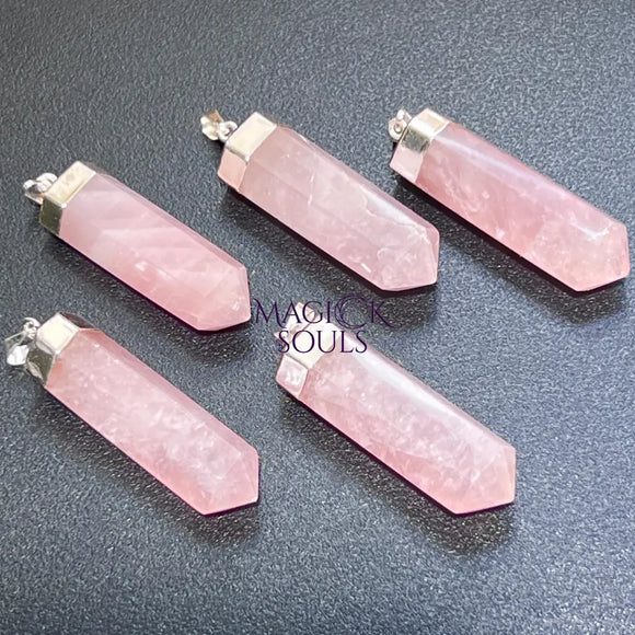 Pink Rose Quartz Crystal Point Pendant (Silver Plated) Faceted Gemstone Jewelry Necklace Supply Jewelry > Necklaces >