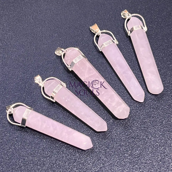 Pink Rose Quartz Crystal Point Pendant (Silver Plated) Long Thin Gemstone Necklace Craft Supplies & Tools > Beads Gems