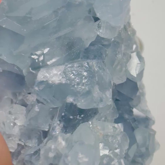 Video of a natural blue Celestite crystal cluster catching the light