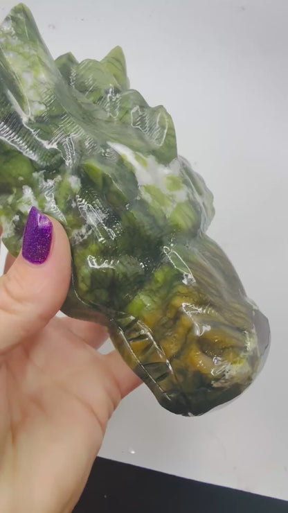 Large Serpentine Jade Dragon Head Crystal Carving