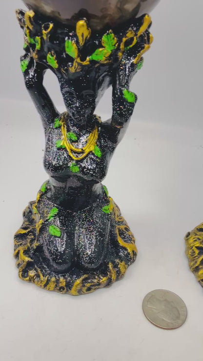 Pyrite & Volcano Agate Sphere Set with God and UV Reactive Goddess Statue Stands – 75mm Altar Pair