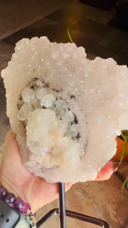 Quartz Cluster with Calcite on Stand – UV Reactive Included Quartz Specimen