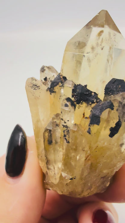 Rainbow Natural Citrine Candle Cluster Point with Black Tourmaline Inclusions
