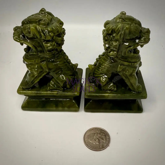 Protective Chinese Foo Dog Jade Carving Pair - A Symbol of Good Luck and Protection Magick Souls