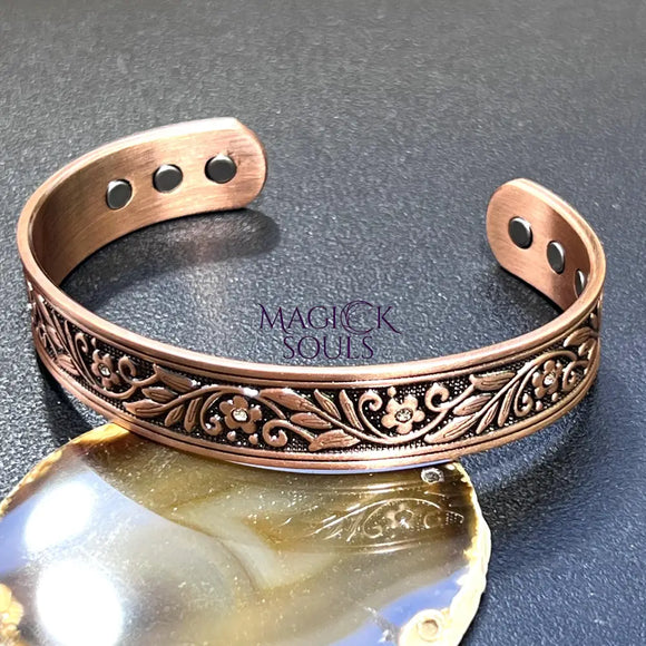 Pure Copper Cuff Bracelet Flower and Leaf Design With Rhinestones And Magnets Jewelry > Bracelets > Cuff Bracelets