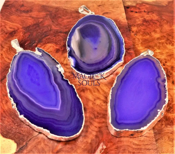 Purple Agate Slice Pendant (Silver Plated Edges) Polished Geode Slice Jewelry Jewelry > Necklaces > Pendants