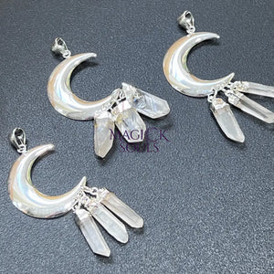 Quartz Crystal Crescent Moon Pendant (Silver Plated)(3 Crystals) Gemstone Jewelry Necklace Supply Craft Supplies &