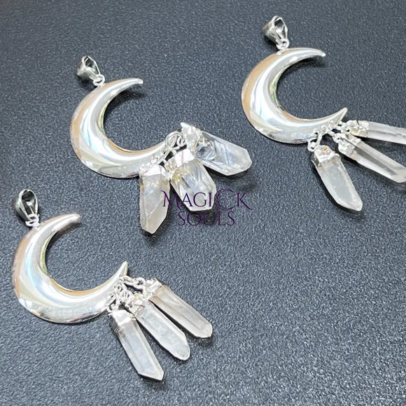 Quartz Crystal Crescent Moon Pendant (Silver Plated)(3 Crystals) Gemstone Jewelry Necklace Supply Craft Supplies &