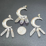 Quartz Crystal Crescent Moon Pendant (Silver Plated)(3 Crystals) Gemstone Jewelry Necklace Supply Craft Supplies &