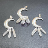 Quartz Crystal Crescent Moon Pendant (Silver Plated)(3 Crystals) Gemstone Jewelry Necklace Supply Craft Supplies &