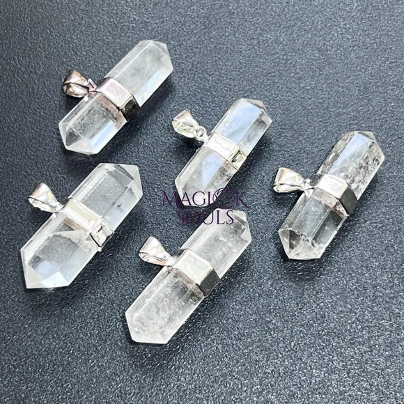 Quartz Crystal Double Terminated Faceted Point Pendant (Silver Plated) Gemstone Jewelry Necklace Supply Craft Supplies