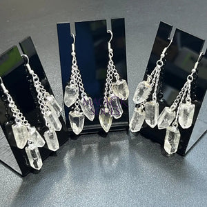 Quartz Crystal Long Earrings Pair (Silver Plated) Triple Dangle Jewelry Jewelry