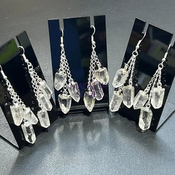 Quartz Crystal Long Earrings Pair (Silver Plated) Triple Dangle Jewelry Jewelry