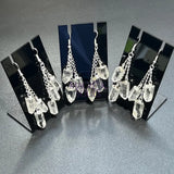 Quartz Crystal Long Earrings Pair (Silver Plated) Triple Dangle Jewelry Jewelry