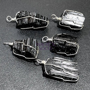 Raw Black Tourmaline Crystal Pendant (Silver Plated Wire Wrapped) Rough Gemstone Jewelry Necklace Supply Craft Supplies