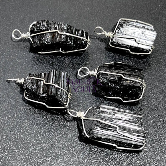 Raw Black Tourmaline Crystal Pendant (Silver Plated Wire Wrapped) Rough Gemstone Jewelry Necklace Supply Craft Supplies