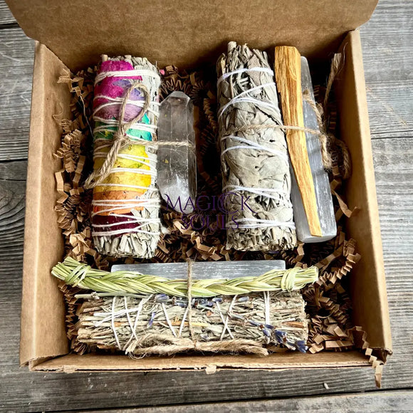 Sage Chakra Cleansing Gift Set. Blue Sage, Lavender, Selenite, Clear Quartz, Palo Santo, Lemon Grass - Magick Souls