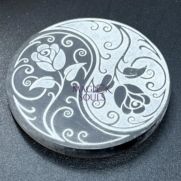 Selenite Crystal Circle Plate (Rose Yin Yang Engraved)(4 Inch) Gemstone Decor Carving Supply Home & Living > Home Decor
