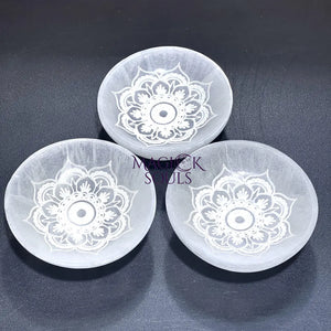 Selenite Crystal Mandala Lotus Engraved Bowl (10cm)(4 Inches) Gemstone Decor Carving Wholesale Supply Home & Living >