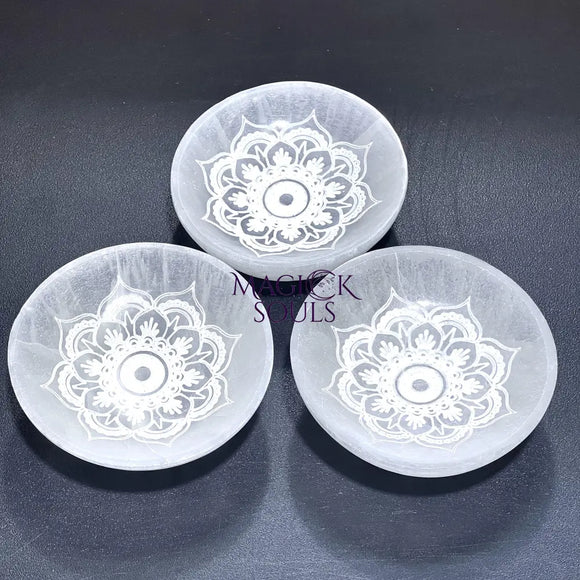 Selenite Crystal Mandala Lotus Engraved Bowl (10cm)(4 Inches) Gemstone Decor Carving Wholesale Supply Home & Living >