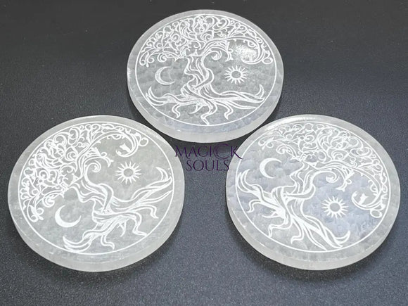Selenite Crystal Tree Of Life Round Circle Plate (4 Inch) Gemstone Decor Supply Home & Living > Home Decor > Home
