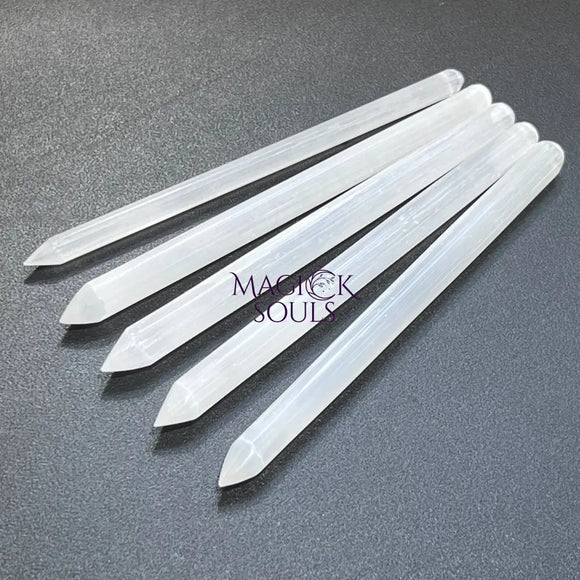 Selenite Crystal Wand Point Thin Pencil Shaped Crystal Carving Home & Living > Spirituality & Religion > Prayer Beads &