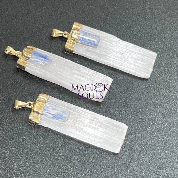 Selenite Kyanite Crystal Pendant (Gold Plated) Gemstone Necklace Jewelry Charm Supply Craft Supplies & Tools > Beads